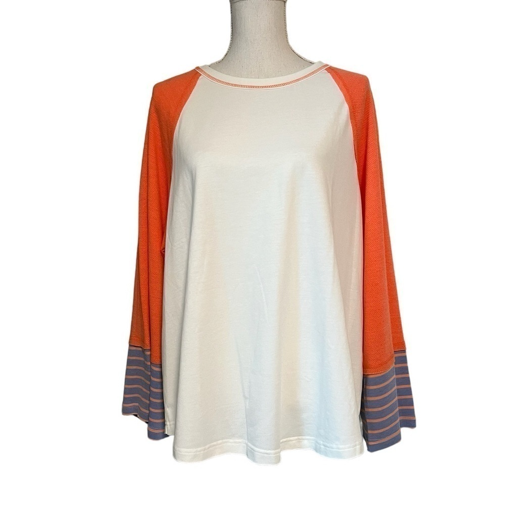 MAIN STRIP WOMENS WHITE, ORANGE & BLUE PULLOVER LONG SLEEVE RAGLAN TOP SZ L NWT